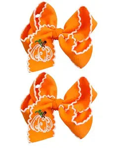 Halloween Fall Pumpkin Bow Hair Clips, 4" Handmade Orange Bows for Girls