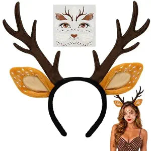 Tepoobea Deer Ears Antlers Headband & Face Tattoos Set for Deer Costume Women Adults - Cute Reindeer Antler Costumes Accessories, Halloween Christmas Animal Cosplay Party