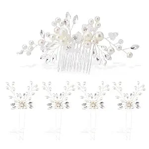 5PCS Bridal Side Combs, Rhinestone Crystal Pearl Hair Accessories for Bride Bridesmaids, Copper Wire Wedding Hair Clips for Prom Party Formal Dresses