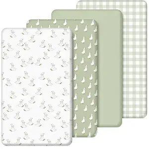SmoothNovelty 4 Pack Silly Goose Crib Fitted Sheet for Boys Girls - 52" x 28" Fitted Baby Sheet with Goose and Gingham Style for Standard Mattress Gift Set, Microfiber & Soft Breathable(Green)