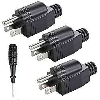 3 Pack NEMA 5-15P Electrical Replacement Plugs with 1 Screwdriver, 3 Prong Power Extension Cord Ends 2Pole 3Wire Male Straight Blade Plug, 125V 15A Ground Neutral Generator Plug (Black)
