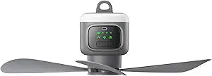 VVU&CCO 18' Portable Ceiling Fan with Light for Patio Canopy Tent Porch RV, 4 Speed Adjustment with Lighting, 8 Hours Timer & Use Time Up to 16H, 12000mAh Battery -operated Ceiling Fan