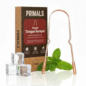 PRIMALS Copper Tongue Scraper - Fresher Breath & Improved Oral Health - Natural Ayurvedic Cleaner for Daily Detox - Rust-Resistant, Eco-Friendly with Travel Cloth Pouch Included (1 Count)