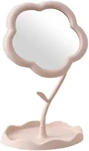 Cute Flower Shaped Makeup Mirror with Standing, Desk Tabletop Mini Vanity Mirror with Floral Design, INS Style Decorative Home Decor for Bedroom Living Room Dormitory (Pink)