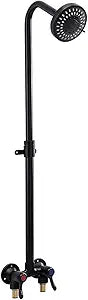 Outdoor Shower Kit Dual Handle Extendable Exposed Pipe Outdoor Shower Fixtures System with ABS 5 Spray Mode Settings Showerhead Solid Brass 4 Inch Center Mix Valve Matte Black