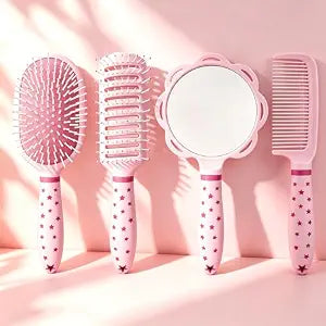 4 Pieces Hair Brush Set Detangling Hair Brush Hair Comb Set For Women Girls Gifts Cute Shaped Hair Combs Hair Brushes Handheld Mirror Sets Massage HairBrush with Air Cushion For Wet Dry Hair (Pink)
