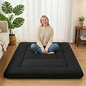 NEWBULIG Floor Mattress Futon, Foldable Roll Up Sleeping Pad with High-Density Foam, Thicken Tatami Mat for Guest Bedroom Dorm, Queen, Black
