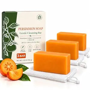 KAORI Persimmon Soap Bar for Body Odor, Deodorizing Body Wash for Old People Smell & Nonenal,Persimmon Extract Cleansing Soap for Mature & Sensitive Skin Men & Women, 3 Bars with Foaming Nets