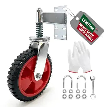 8" Heavy Duty Gate Wheel, 880lbs Spring Loaded Caster for Metal Wood Gates, Dual Mount (U-Bolt/Flat) Swivel Gate Helper for Fence - Gloves, Wrench & Installation Hardware Included