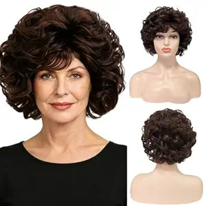 Short Brown Curly Wig for Women Dark Brown Length Shoudler Shaggy Wig with Bangs Synthtic Heat Resistant Wig for Daily Halloween Party Use (Curly Brown)