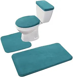 Madeals Memory Foam Bathroom Toilet Rug Set 4 Piece with Toilet Lid Cover and Tank Covers Teal Blue