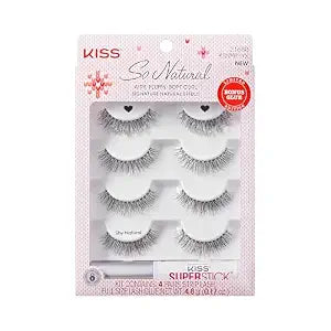 Kiss So Natural Holiday False Eyelashes, ï¿½ï¿½ï¿½Shy Naturalï¿½ï¿½ï¿½, 8mm-10mm, Natural Volume, Tapered Ends, 3 Pairs + 1 Pair with Glitter, Kiss SuperStick Strip Lash Adhesive, Clear, Net Wt. 4.8
