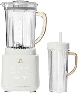 Beauti Power Exact Blender System with 700 W Motor, 50oz Tritan Jar, 20oz Single-Serve Cup, No Drippy Sippy Lid, 3 Speeds & 4 Pre-sets, Dishwasher-Safe Parts, Travel Cup Included, color White Icing