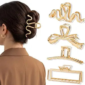 obeoby 4 Pcs Large Metal Hair Claw Clips for Women Thick Long Hair, Gold