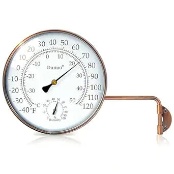 6 inch Outdoor Thermometer for Greenhouse, Garage and Patio. Weatherproof & Decorative Outside Temperature Gauge for Window, Antique Copper with Humidity (Easy-Read Brass Swivel Design)