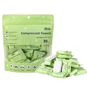 ILLIDI Compressed Towels, 30 Count Individually Wrapped Mini Tablets, Disposable Washcloths, Expands to 12 x 10 Inch Soft & Lint-Free,for Daily Use,Travel, Business Trips,Camping and Hiking