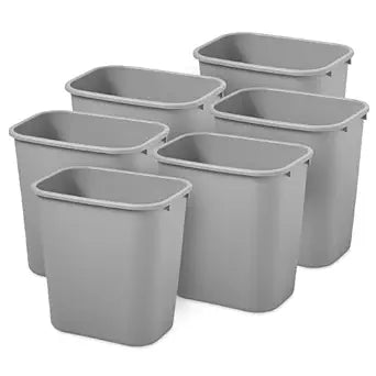Rubbermaid Commercial Products 6 Pack Resin Wastebasket/Trash Can, 7-Gallon/28-Quart, Gray, Plastic, for Bedroom/Bathroom/Office, Fits Under Desk/Sink/Cabinet