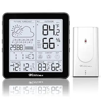 Wittime Weather Station Indoor Outdoor Thermometer Wireless Battery Powered, Atomic Clock with Indoor Outdoor Temperature Weather Clock, Dew Mold Heat Index 2180