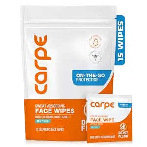 Carpe Sweat Absorbing Face Wipes, Witch Hazel & Tea Tree - 15 Count