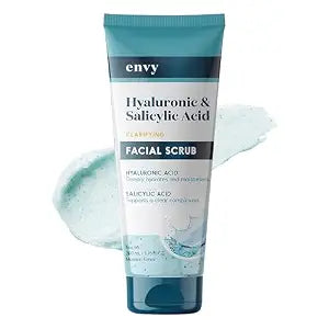 Envy Hyaluronic Acid & Salicylic Acid Face Scrub - Anti-Aging, Gentle Exfoliating, Hydrating & Moisturizing - Dermatologist Tested, Clean Beauty for All Skin Types - 6.76 Oz
