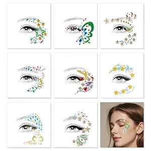 Konsait 8 Sheets Eye Gem Stickers, Face Jewels for Women Girls Eye Rhinestones Stick on Rave Accessories Self Adhesive Body Jewels Halloween Makeup