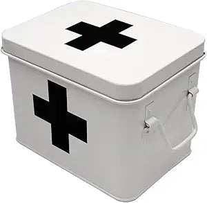 Lassos Boutique Retro Enameled First Aid Box for Medicine Storage and Home Decor with Lid and Removable Tray (White/Black)