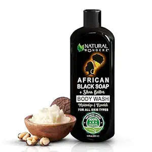Natural Wunderz African Black Soap Body Wash, 12 oz ��� Sulfate���Free, Vegan Cleanser with Shea Butter ��� Soothing, Detoxifying Shower Gel for Men & Women