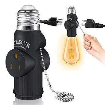 Double Sides Both Support 3 Prong Light Socket to Plug Adapter, Light Bulb Outlet Socket Adapter with Pull Chain Control, Professional Heat-Resistant Materials Light Socket Adapter - Black