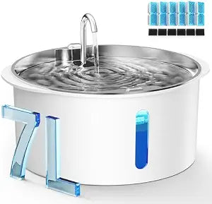 Pektaco Dog Water Fountain for Large Dogs, Stainless Steel Tray, 6 Filters | 7L / 1.8 Gal Capacity, 4-Layer Filtration, Viewing Window, LED Water Level Indicator, Super Quiet, Clean, BPA-Free