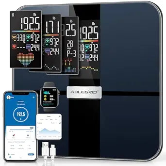 ABLEGRID Smart Body Fat Scale, Rechargeable Digital Bathroom Scale for Body Weight, Gradient Trends and Difference in Change Display, 22 Body Metrics, BMI, Muscle Mass, Heart Rate, Water Weight, 400lb