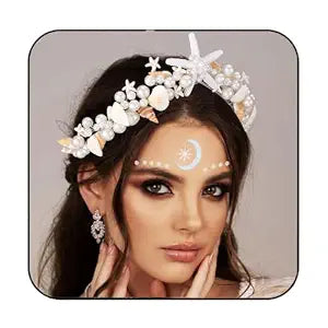 BARTOSI Mermaid Crown Starfish Tiara Pearl Shell Bride Wedding Headband Costume Hair Accessories for Women