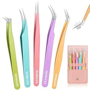 MORGLES High Precision Lash Tweezers Set, 5 in 1 Eyelash Extension Tweezers