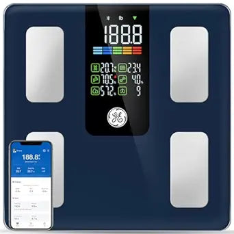GE Smart Scale for Body Weight, BMI, Fat, Muscle Mass, Digital Bathroom Scales 500lbs Bluetooth 11.8" Large Platform Weighing Machine Health Monitor with App, Dark Blue