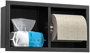 Dual Roll Toilet Paper Holder, Recessed Toilet Tissue Holder for Bathroom Remodeling, 304 Stainless Steel Horizontal Toilet Paper Niche (Matte Black)
