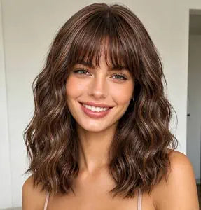 Brown Highlights Blonde Wig with Bangs for Women,14 Inch Wavy Bob Hair