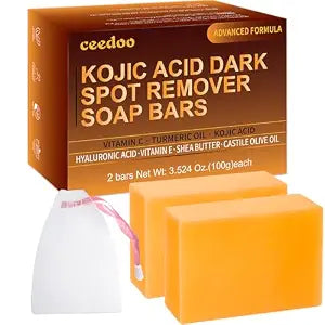 Kojic Acid Soap for Dark Spot Remover Bars with Turmeric, Vitamin C, Retinol, Collagen with Hyaluronic Acid, Vitamin E, Shea Butter, Castile Olive Oil - 3.52 OZ x 2 (Orange, with Shower Bag)