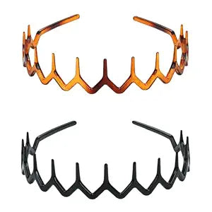 2pcs Zig-Zag Shark Tooth Plastic Hair Combs Headbands - Black & Gradient Amber for Women and Girls, Durable & Stylish Hair Accessories