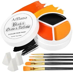 Black Orange Yellow Face Body Paint, Halloween Scarecrow Makeup Kit (3 Sponges + 5 Brushes), 9 Pcs Oil Based Non Toxic Face Painting Kit for Halloween Pumpkin SFX, Clown, Tiger, Lion, Fox, Costume Cos