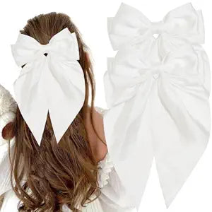 2Pcs Satin Hair Ribbon Bows for Girls, Long Tail Hair Bows with Alligator Clips Aesthetic Hair Accessories (White)