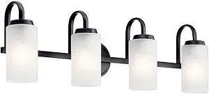 Kichler Kennewick 4-Light Bathroom Vanity Light Fixture with Etched Glass Shades in Black for Mirror Lighting, Wall Mount Fixture for Updated Traditional Bathroom (32" x 9.75" x 6.75"), 55088BK