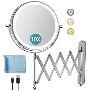 5000mAh Rechargeable Wall Mounted Makeup Mirror - 8 Inch Double Sided 1X/30X Magnifying Mirror with 3 Color Lights Dimmable Touch Screen, 360Swivel 19.6 Inch Extendable Accordion Bathroom Mirror