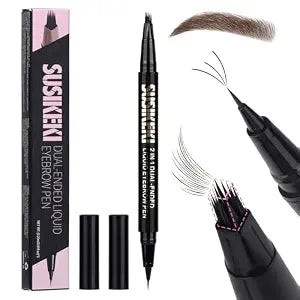 SUSIKEKI Dual Ended Microblading Eyebrow Pen - 2 in 1 Liquid Eyebrow Pencil with Brow-Fection Angled Brush & Precise Detail Brush-Tip, Shapes & Fills Natural Looking Brows, Lasts All-Day, Black Brown