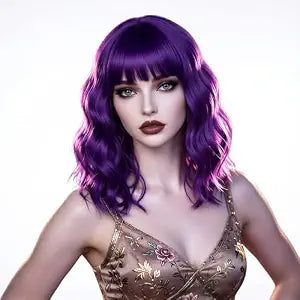 Purple Bob Wig with Bangs for Women, 14 Inch Shoulder Length Loose Wavy Synthetic Heat Resistant Short Wig for Cosplay Halloween Party Daily Wear