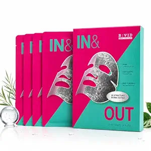 BIVID IN OUT Bio Cellulose Face Mask for Pore Care, Korean Dual Layer Sheet Mask with Tea Tree, Witch Hazel, Hyaluronic Acid & Hydrolyzed Collagen, Second Skin Fit, Hydrating Facial Mask, 5 Count