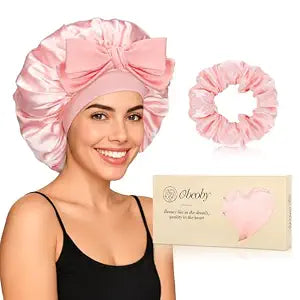 Double-Layer Satin Silk Sleep Bonnet for Women, Adjustable Tie Band, Pink