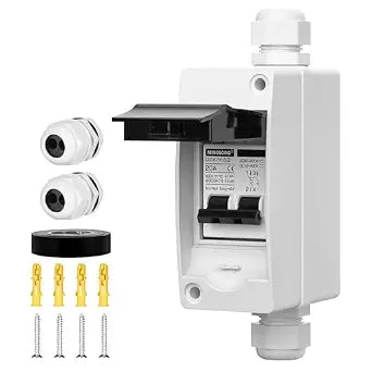 DC Solar Panels Disconnect Switch 20 Amp AC Circuit Breaker Box 400V 2 Poles IP65 Waterproof UV-Proof Outdoor Small Breaker Box for Solar PV Homes
