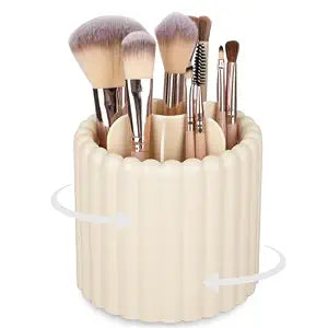 Rotating Makeup Brush Holder Organizer with Removable Dividers, Beige