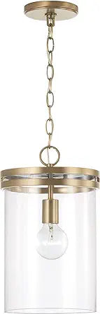 HomePlace Lighting 348711AD Fuller Transitional Clear Glass Cylinder Pendant Light Fixture, 1-Light 100 Watt, 15" H x 9" W, Brass