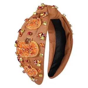 boderier Thanksgiving Headband Beaded Pumpkin Knotted Headband for Women Jeweled Crystal Embellished Wide Fall Holiday Hairband Hair Accessories (Pumpkin)