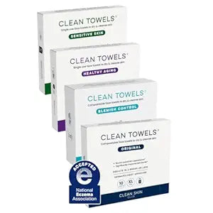 Clean Skin Club Clean Towels�� XL Variety 4-Pack Travel Set, Disposable Face Towels, Includes Original, Sensitive, Blemish Control & Healthy Aging, 40 Count Total, 10 Each